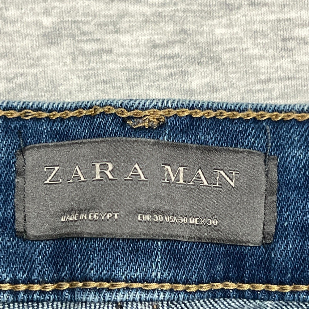 Zara Man Mens Jeans 30 Blue Faded Distressed Skinny Denim Stretch Crop Frayed - Picture 3 of 13